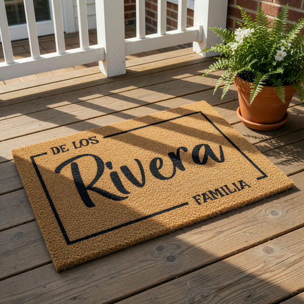 Personalized family name coir doormat featuring a custom last name design on natural fiber, this durable outdoor welcome mat makes a stylish housewarming entry rug for any home entrance or front porch decor with a modern script