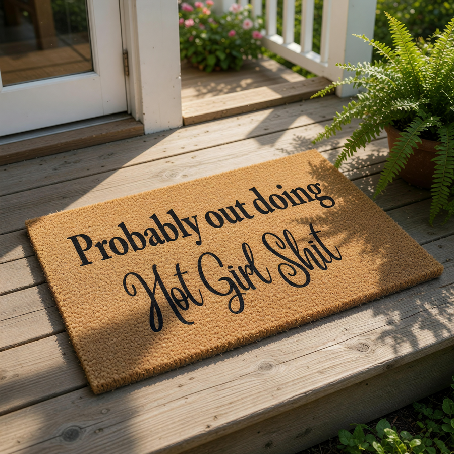 Funny coir doormat with the text Probably out doing Hot Girl Shit printed in black ink, this natural fiber welcome mat is a cheeky front porch decor piece for a modern home entrance or a stylish apartment entryway floor rug.