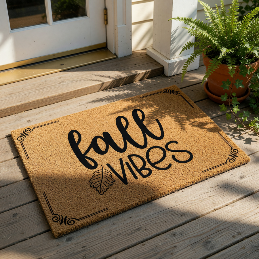 Fall Vibes coir doormat featuring a natural fiber welcome mat with black script text and a leaf design, perfect for seasonal porch decor, autumn entryway rugs, and rustic farmhouse home entrance floor mats for the front door.