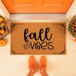 Fall Vibes coir doormat for front porch decor, featuring a natural fiber welcome mat with black script text and leaf accents, perfect for seasonal autumn home entryways and outdoor floor mats for a cozy seasonal house look.