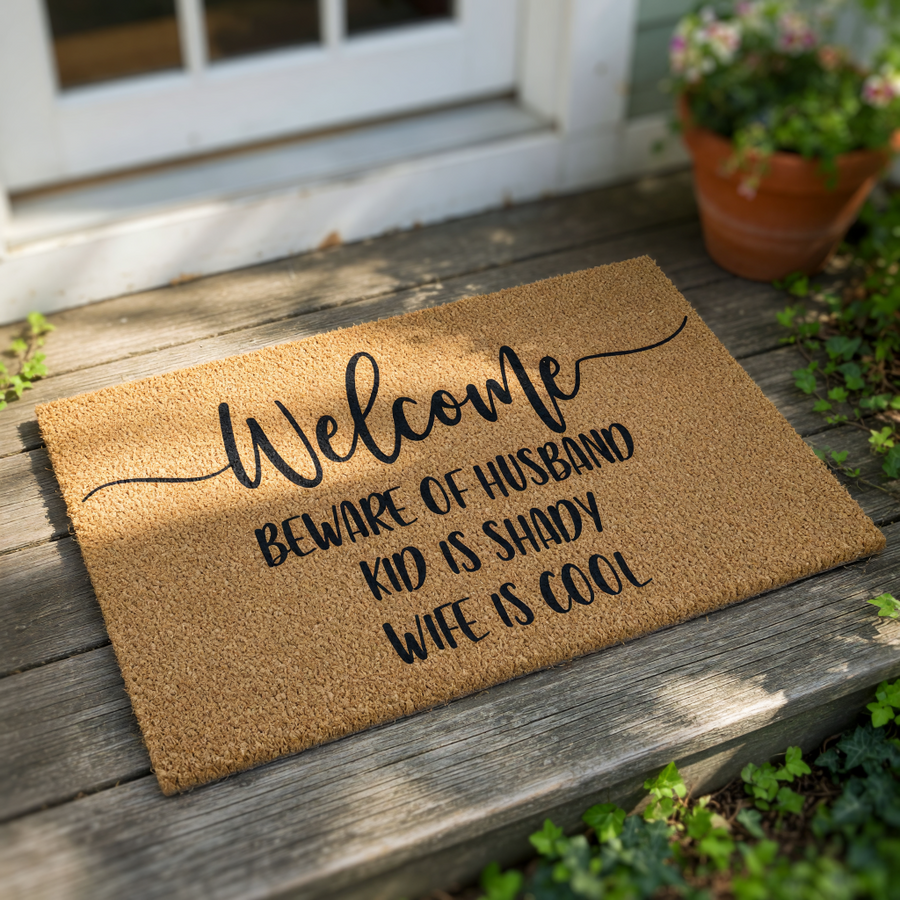 a textured area rug with a humorous message printed on it.