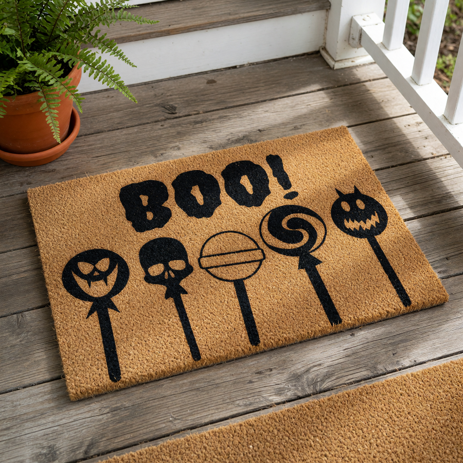 Halloween doormat with BOO text and spooky lollipop icons, featuring a skull, pumpkin, and swirl candy design on a natural coir fiber welcome mat for fall porch decor, entryway floor rug, and festive holiday home entrance