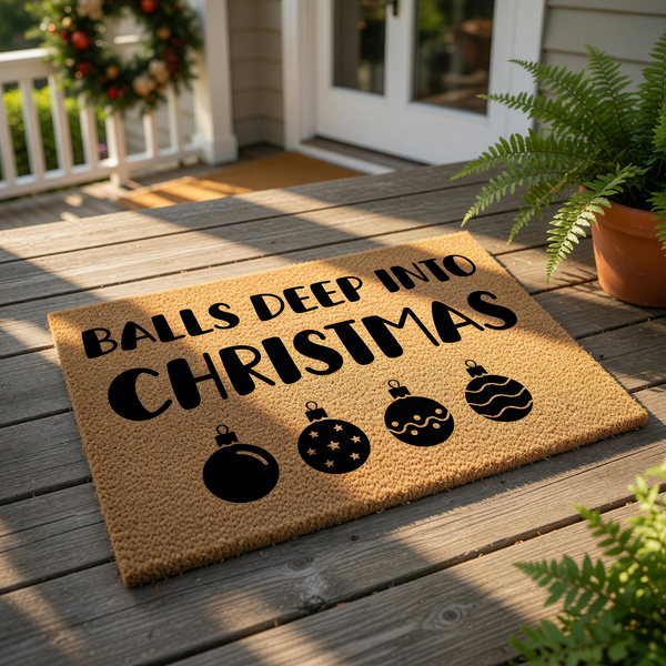 Funny Christmas doormat with a rude holiday quote and black ornament graphics on a natural coir fiber welcome mat, perfect for a humorous front porch entry rug or a cheeky seasonal home decor piece for your house entrance.