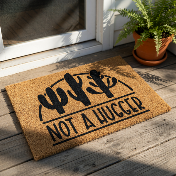 Not a Hugger cactus doormat with a funny desert theme, featuring black printed text and three cacti on a natural coir welcome mat, perfect for a front porch entry or as a humorous housewarming gift for a plant lover home decor.
