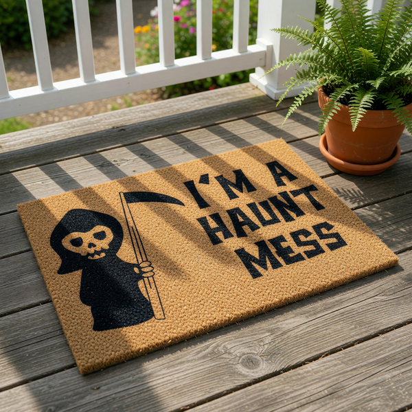 Grim Reaper Halloween doormat featuring a cute skull character holding a scythe with the text I'm a Haunt Mess, this natural coir fiber welcome mat is a funny spooky porch decor piece for your front door entry during the fall