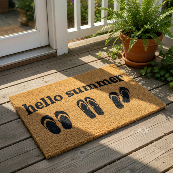 Hello Summer coir doormat with black flip flop icons, a natural fiber welcome mat for front porch decor that features seasonal typography and beach footwear designs for a fun, casual outdoor entryway floor covering look.