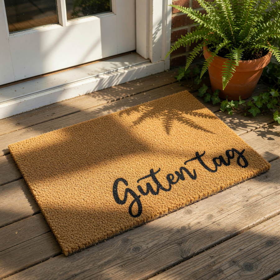 Guten Tag coir doormat with natural fiber texture and black script lettering, this durable outdoor welcome mat is a stylish front porch rug for home entryways, providing a functional and decorative floor covering for your house