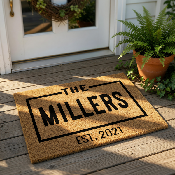 Personalized family name doormat for front porch entry, featuring a custom established year design on natural coir fiber.