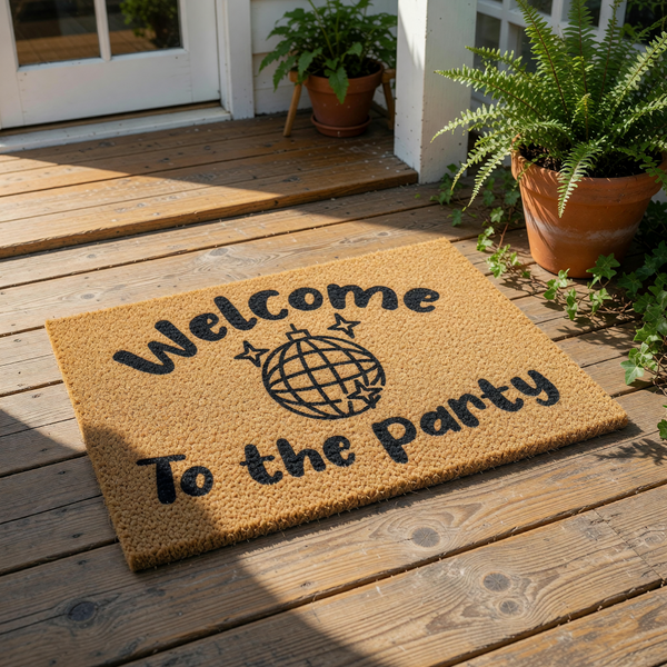 Disco ball welcome doormat featuring a fun party theme with bold black text on a natural coir fiber mat, perfect for a front porch entry, housewarming decor, or a stylish home entrance that greets guests with a festive party vibe.