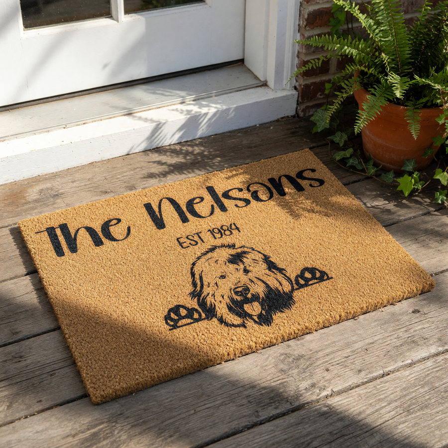 Personalized family name dog doormat featuring a cute shaggy dog illustration on natural coir fiber, this custom welcome mat for front porch decor makes a durable outdoor rug for pet lovers and dog owners to display at their home