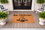Personalized Goldendoodle dog doormat for front porch, featuring a custom family name and established year on natural coir fiber.