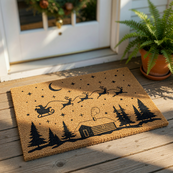Christmas cabin doormat featuring a flying sleigh and reindeer silhouette on natural coir fiber, this holiday welcome mat adds festive winter decor to your front porch entryway with its charming forest and night sky design.
