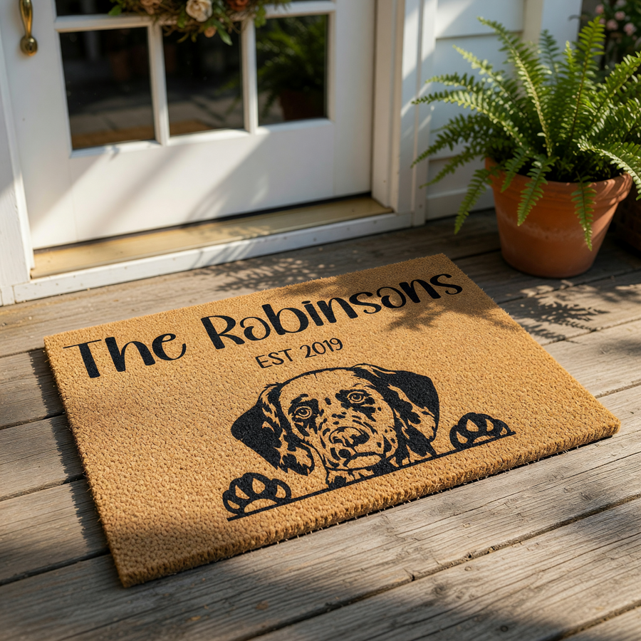 Personalized dog doormat featuring a custom family name and a cute dalmatian illustration, this natural coir welcome mat is a durable outdoor floor rug for pet lovers and makes a great housewarming entry decor for your front