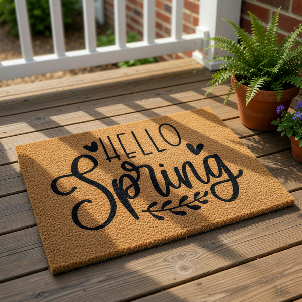 Hello Spring coir doormat with black script lettering and heart accents, featuring a natural fiber welcome mat design for front porch decor that adds a seasonal touch to your home entryway and outdoor floor space.