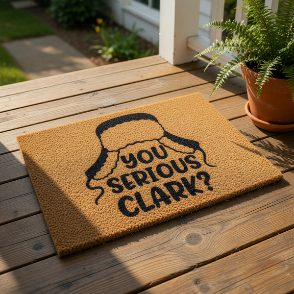 Funny winter holiday doormat featuring a black graphic of a trapper hat and the text You Serious Clark, perfect for a festive front porch welcome mat made of natural coir fiber for a humorous seasonal home decor entrance display.