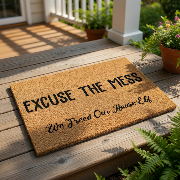 Funny Excuse The Mess We Freed Our House Elf doormat made of natural coir fiber, displayed on a wood porch as a humorous welcome mat for home entryways, featuring bold black text for a playful and welcoming front door decor look.
