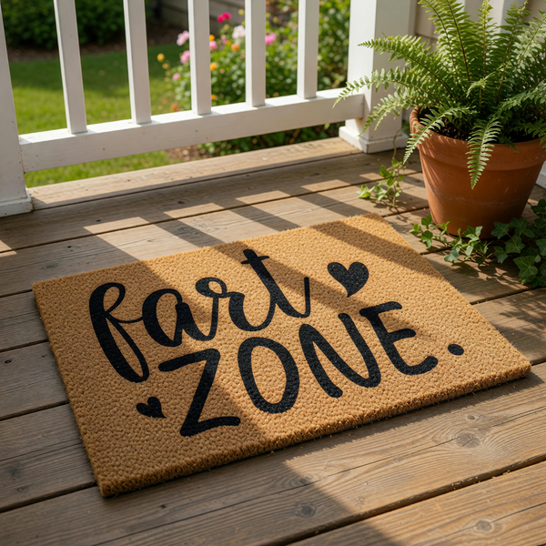Fart Zone coir doormat with funny bathroom humor text, featuring a natural fiber welcome mat for front porch entryways that adds a humorous touch to home decor with its bold black lettering and cute heart accents for a fun look.
