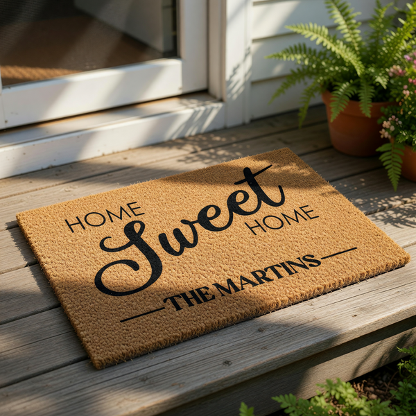 Personalized Home Sweet Home doormat with family name on a natural coir fiber welcome mat, featuring a stylish script design for a front porch entrance, perfect for housewarming decor or a custom outdoor entryway floor rug.