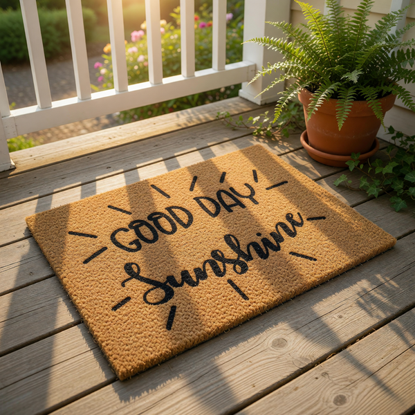 Good Day Sunshine coir doormat with a cheerful sun design, this natural fiber welcome mat features bold black typography and is a durable outdoor floor rug for your front porch entry, perfect for a bright and happy home decor