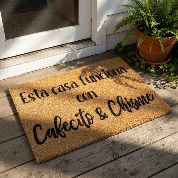 Esta casa funciona con Cafecito y Chisme doormat, a funny Spanish welcome mat for your front porch or entryway, featuring bold black text on a natural coir fiber rug that makes a great housewarming gift for coffee lovers.