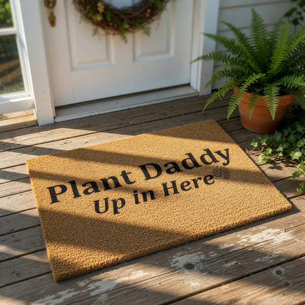 Plant Daddy Up in Here coir doormat, a funny natural fiber welcome mat for houseplant lovers featuring bold black text on a textured brown surface, perfect for a front porch, entryway, or indoor home decor for any plant