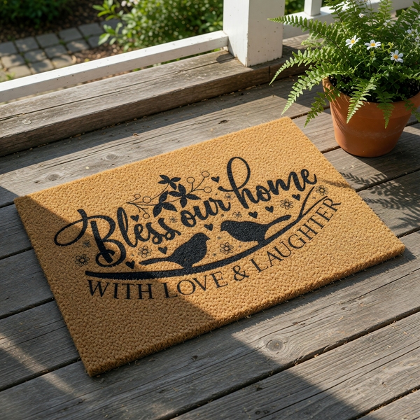 Bless Our Home coir doormat with two birds and floral accents, a natural fiber welcome mat for front porch decor that features a sweet housewarming message to bring love and laughter to your entryway floor and home entrance.