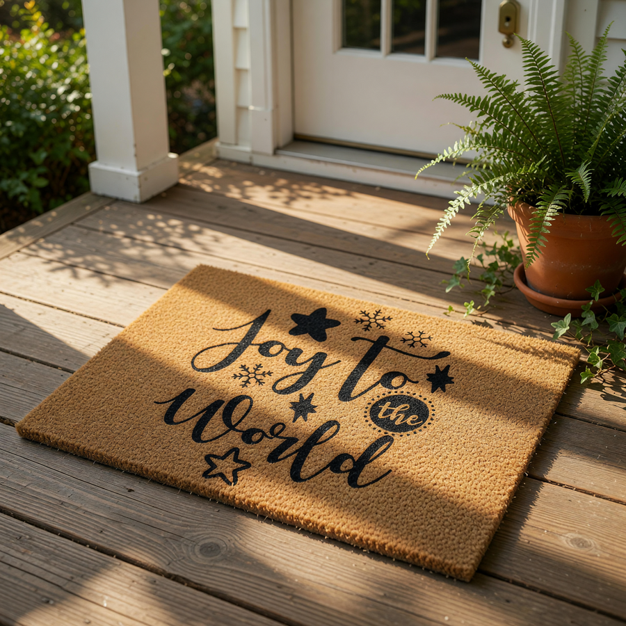 Joy to the World Christmas doormat made of natural coir fiber with black ink text and festive star and snowflake designs, perfect for a holiday front porch welcome mat or seasonal home decor for your entryway floor.