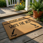 Funny dog and cat doormat for delivery drivers, featuring a natural coir welcome mat with black text asking who is the best with arrows pointing to dogs and cats, a humorous front porch decor piece for pet lovers and home