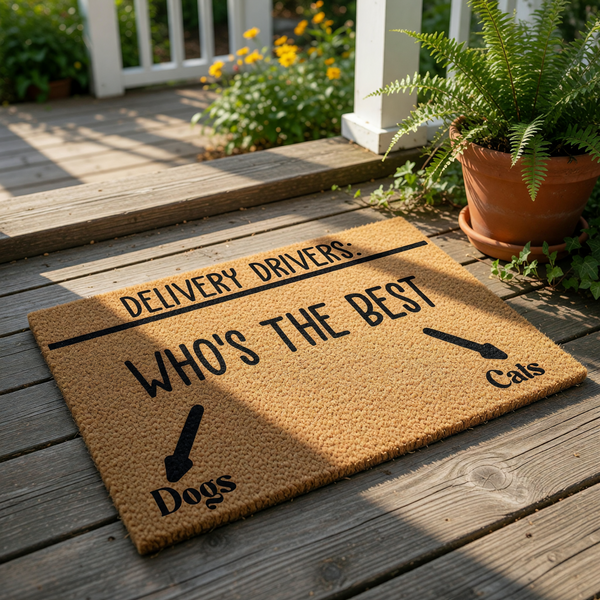Funny dog and cat doormat for delivery drivers, featuring a natural coir welcome mat with black text asking who is the best with arrows pointing to dogs and cats, a humorous front porch decor piece for pet lovers and home