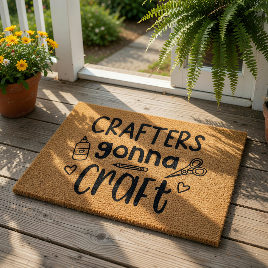 Crafters gonna craft doormat featuring a natural coir fiber welcome mat with black text and icons of glue, scissors, and a pencil, making a fun entry rug for a craft room or a creative home studio space for any hobby enthusiast.