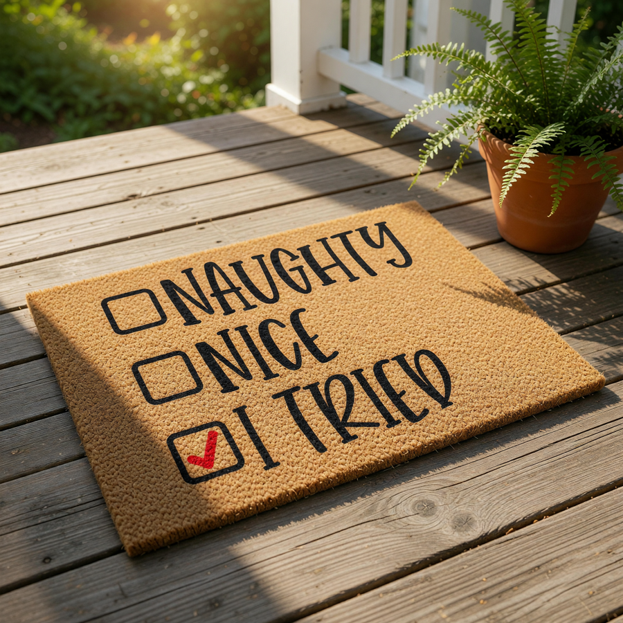 Funny Naughty Nice I Tried doormat featuring a checklist design on natural coir fiber, this humorous holiday welcome mat makes a festive front porch decoration for Christmas home decor and seasonal entryway floor matting.