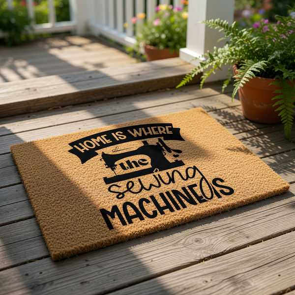 Sewing machine welcome doormat featuring a natural coir fiber texture and black printed text that reads Home is where the sewing machine is, making a fun entry rug for a craft room, sewing studio, or a hobbyist home entrance