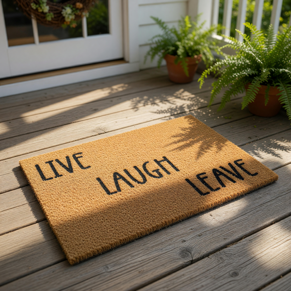 Funny doormat with the text Live Laugh Leave printed in black on a natural coir fiber welcome mat, creating a humorous front porch decor piece for your home entrance that is sure to make guests smile when they arrive at your
