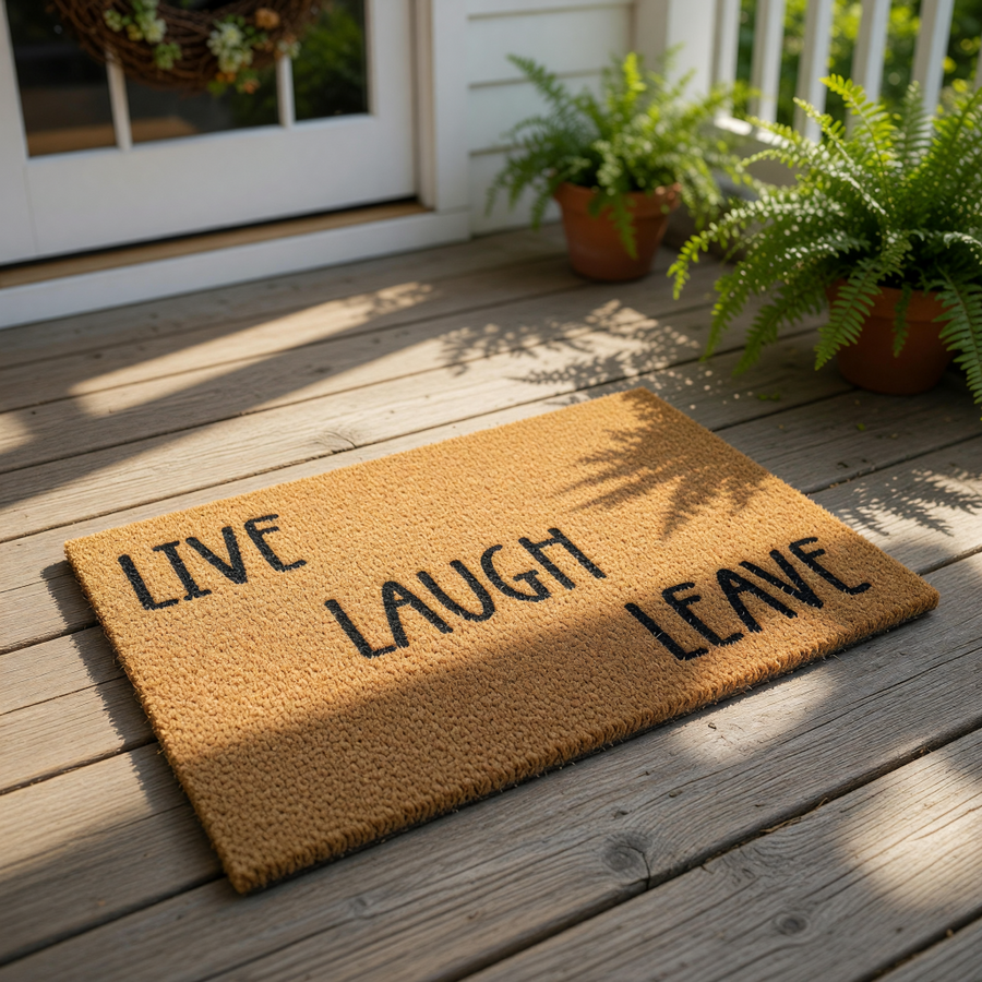 Funny doormat with the text Live Laugh Leave printed in black on a natural coir fiber welcome mat, creating a humorous front porch decor piece for your home entrance that is sure to make guests smile when they arrive at your