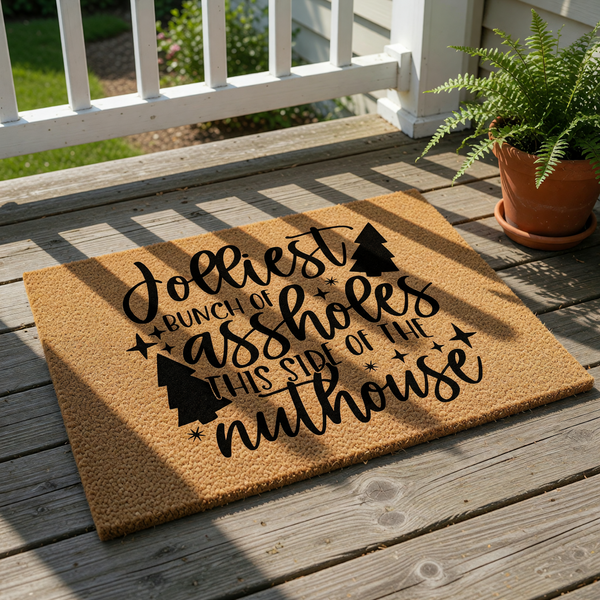 Funny Christmas doormat with rude holiday quote printed in black on natural coir fiber, featuring festive tree icons and stars for a humorous seasonal welcome mat that adds personality to your front porch decor this winter season.