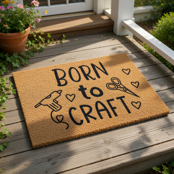 Born to Craft coir doormat featuring a glue gun and scissors illustration, this funny hobbyist welcome mat is a durable natural fiber floor rug for a craft room entrance or a creative home entryway for any DIY enthusiast.