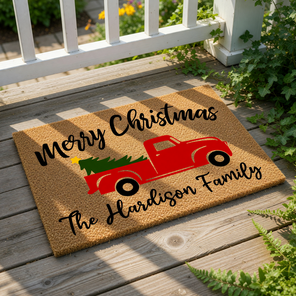 Personalized Merry Christmas doormat featuring a red truck carrying a pine tree, this custom coir welcome mat is a festive holiday home decor piece for your front porch entrance and makes a great seasonal family name floor rug.