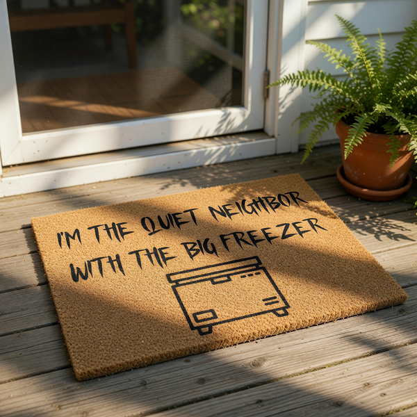 Funny doormat with the text I'm the quiet neighbor with the big freezer and a line art freezer icon, this natural coir welcome mat is a humorous front porch decor piece for your home entrance or a unique housewarming gift idea.