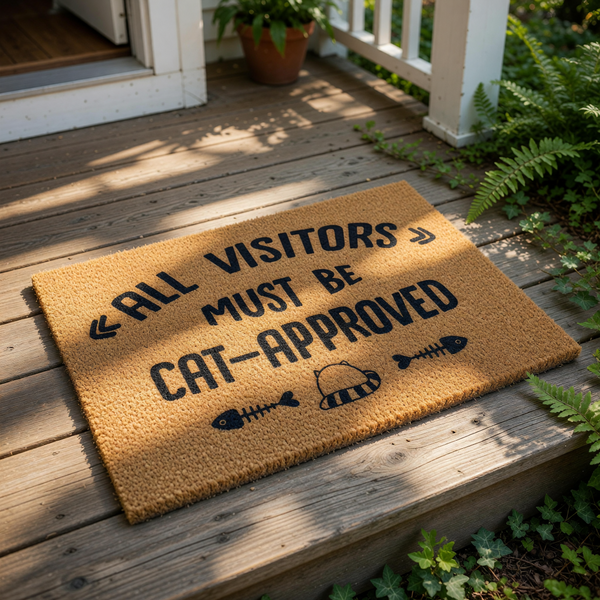 Cat-approved doormat for pet lovers, featuring a natural coir fiber welcome mat with black text that reads All Visitors Must Be Cat-Approved, accented by cute fish bone and cat illustrations for a funny front porch entryway decor.