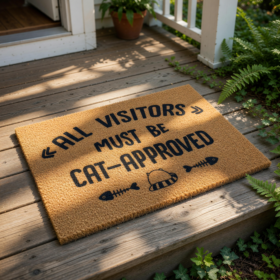 Cat-approved doormat for pet lovers, featuring a natural coir fiber welcome mat with black text that reads All Visitors Must Be Cat-Approved, accented by cute fish bone and cat illustrations for a funny front porch entryway decor.