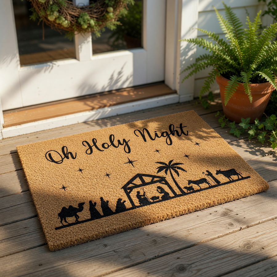 Oh Holy Night nativity doormat featuring a black silhouette of the manger scene on natural coir fiber, this religious Christmas welcome mat is a festive holiday porch decor piece for your front door entrance during the winter