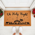 Oh Holy Night nativity doormat featuring a black silhouette of the manger scene on natural coir fiber, perfect for Christmas porch decor, holiday welcome mat, religious winter entryway rug, and festive outdoor home entrance floor