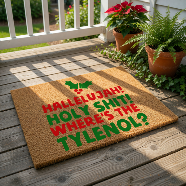Funny Christmas doormat with red and green text reading Hallelujah Holy Shit Where's The Tylenol, featuring holly leaves on a natural coir fiber welcome mat for a humorous holiday porch decor entrance and festive home entryway.