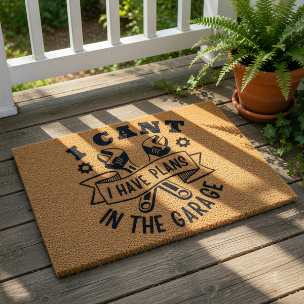 Garage doormat with funny I Cant I Have Plans in the Garage text and wrench tools design, this natural coir fiber welcome mat is a durable outdoor floor rug for mechanics, car enthusiasts, and home workshop decor enthusiasts.