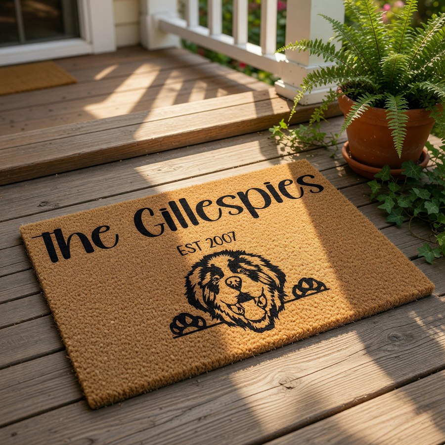 Personalized Bernese Mountain Dog doormat featuring a custom family name and established year, this durable coir welcome mat is a charming outdoor floor rug for dog lovers and makes a great housewarming entrance decor piece.