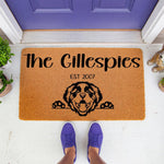 Personalized Bernese Mountain Dog doormat featuring a custom family name and established year, this durable coir welcome mat makes a stylish front porch decor piece for dog lovers and a unique housewarming entry rug for any home.