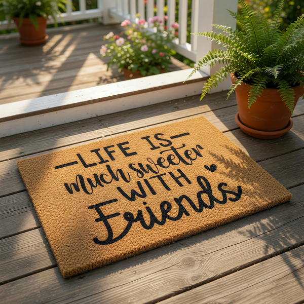 Life is much sweeter with friends coir doormat featuring black script text on a natural fiber welcome mat, displayed on a front porch with potted plants for a stylish home entrance decor and outdoor entryway floor mat design.