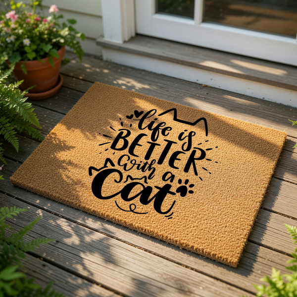 Cat lover doormat with Life is Better with a Cat text printed in black on a natural coir fiber welcome mat, featuring cute feline ears and paw print graphics for a fun entryway decor piece for any pet owner home entrance.