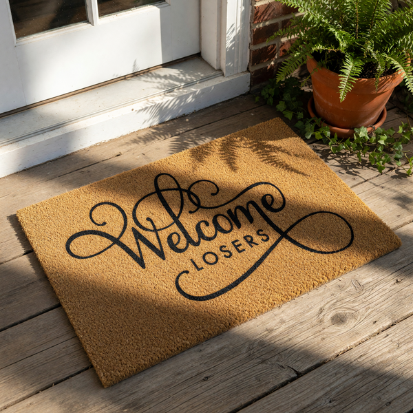 Funny Welcome Losers doormat made of natural coir fiber with a durable backing, featuring bold black script lettering that makes this sarcastic front porch mat a unique home decor piece for your entryway or housewarming entrance.