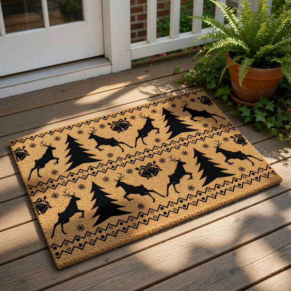 Christmas reindeer doormat featuring a festive black pattern of jumping deer, pine trees, bells, and snowflakes on a natural coir welcome mat, perfect for holiday porch decor and seasonal entryway floor mats for your home.